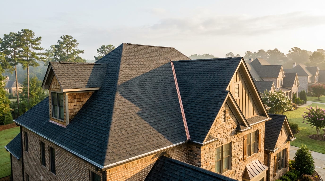 Completed replacement on a brick home, aerial view