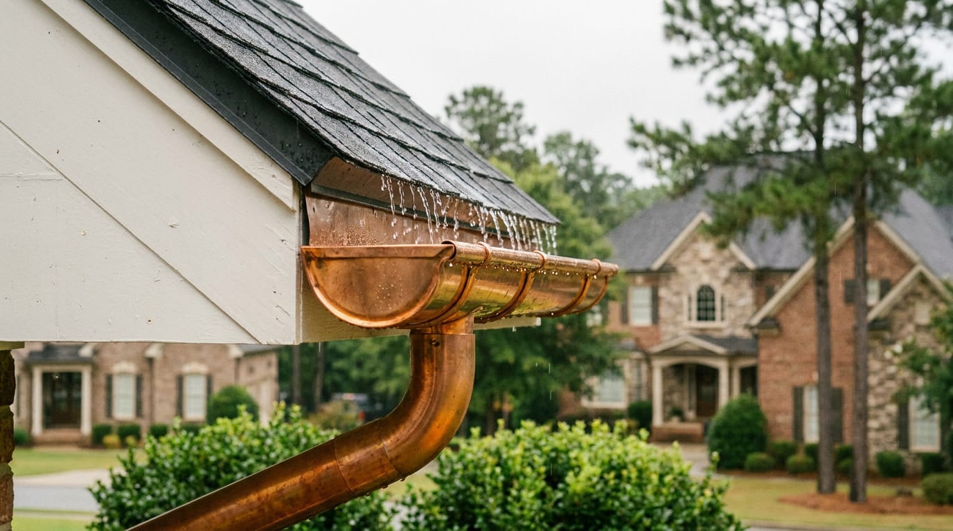 Rain running off a roof edge into a copper gutter