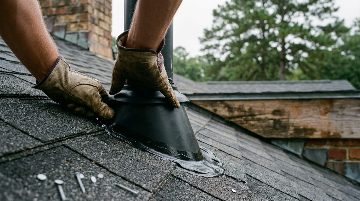 New pipe boot set into the shingle course
