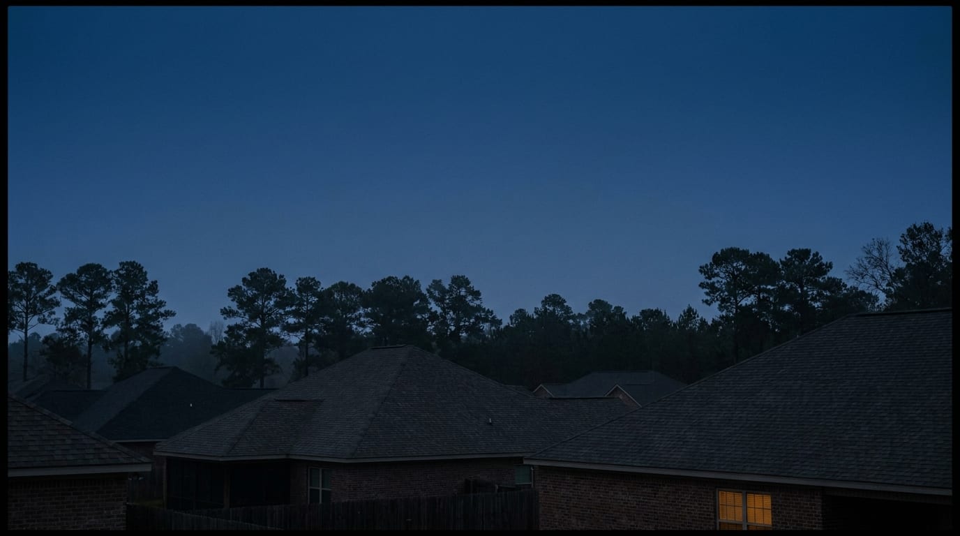 Rooflines at dusk after a storm